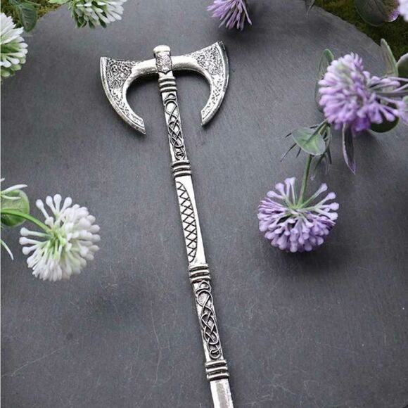 Vintage Inspired Viking Axe Hair Accessory, Engraved, Silver Tone, Easy … - Picture 4 of 4